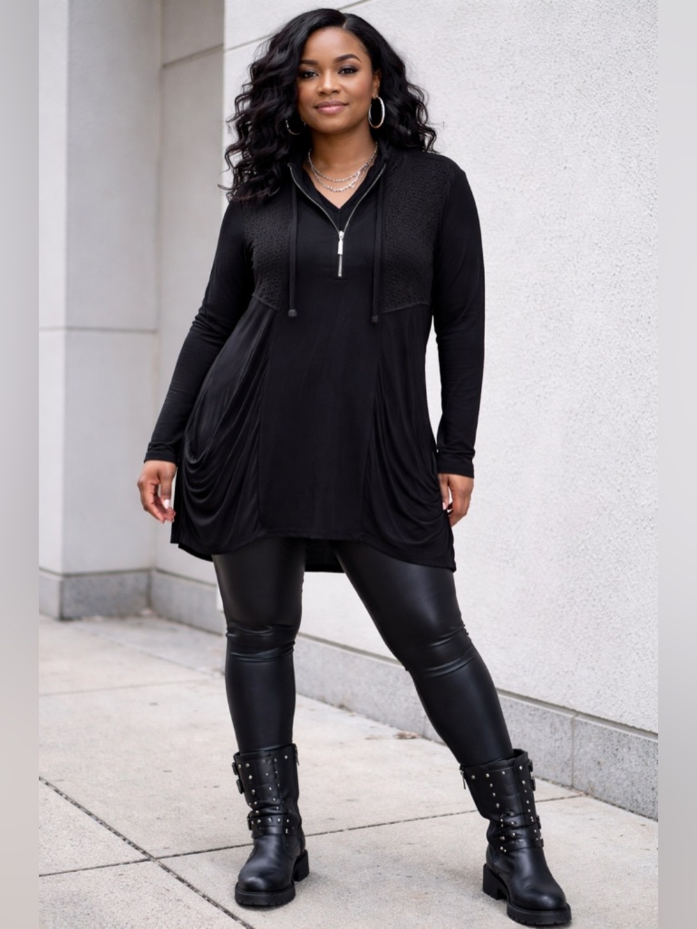 Black half zip Long Sleeve Tunic Top with stylish lace inserts.